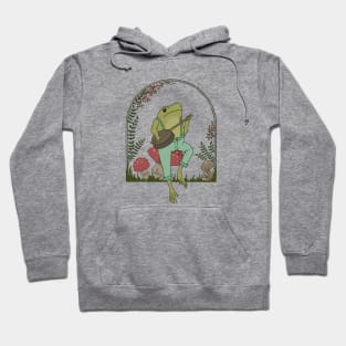 Cottagecore Aesthetic, Cute Frog Playing Banjo on Mushroom, Goblincore Mushroom Lover Hoodie